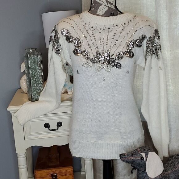 Vintage Beaded Sequin Long Sleeve Pullover Sweater, Hollywood & Vine, Sz Small - Picture 3 of 9
